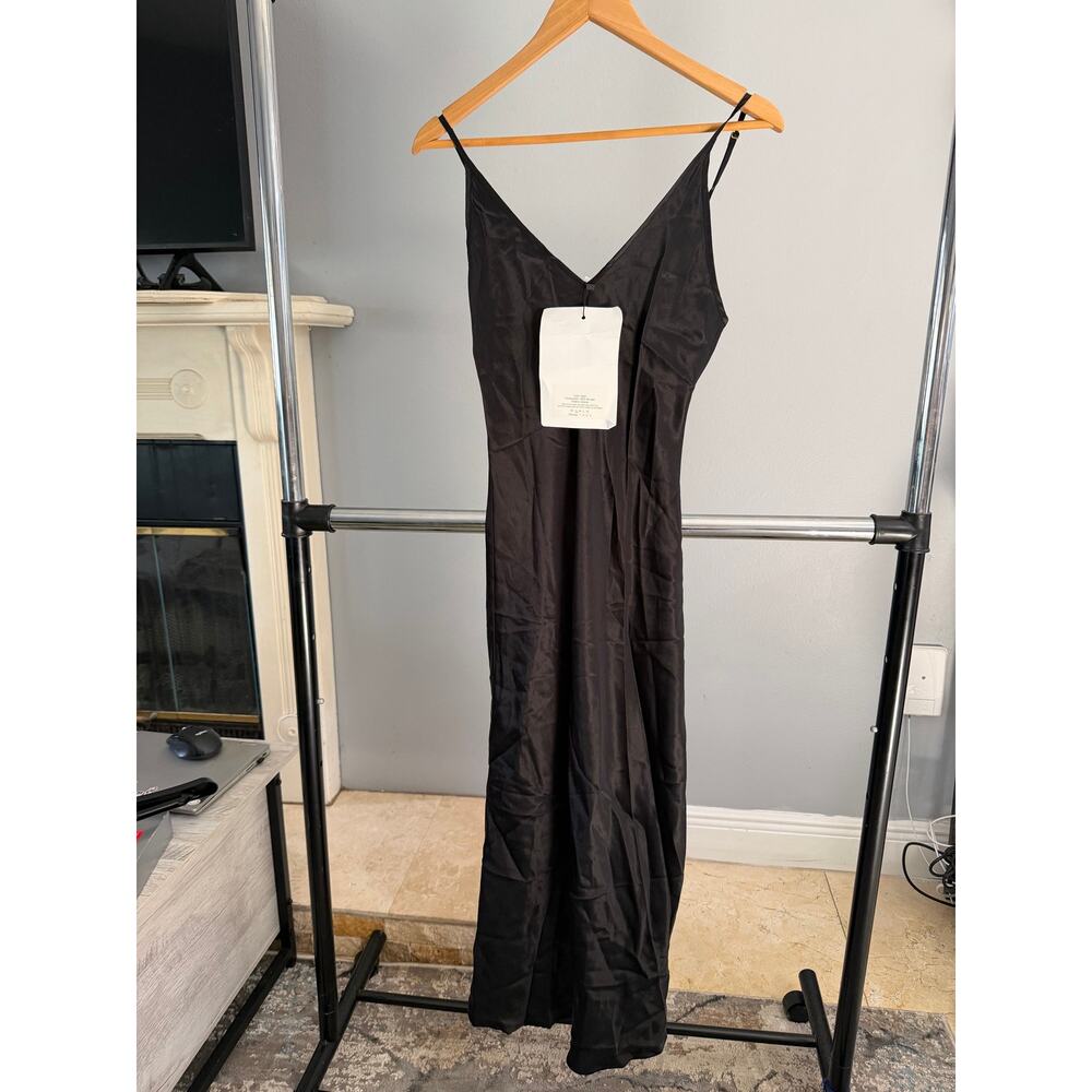Sleeper Women's Black Silk Satin Slip Dress V-Neck Midi Length
